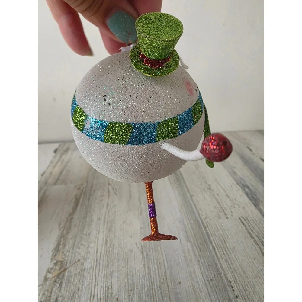 Vintage Pier 1 glitter snowman presents ornament top hat green Xmas